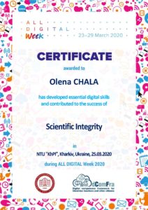 Асистент кафедри КІТАМ Чала Олена Олександрівна прийняла участь в «All Digital Week 2020»